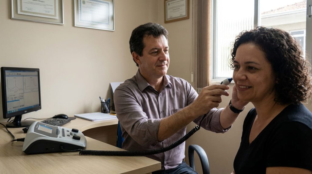 Fonoaudiólogo realizando exame de imitanciometria em paciente" e "Gráfico de curva timpanométrica tipo A