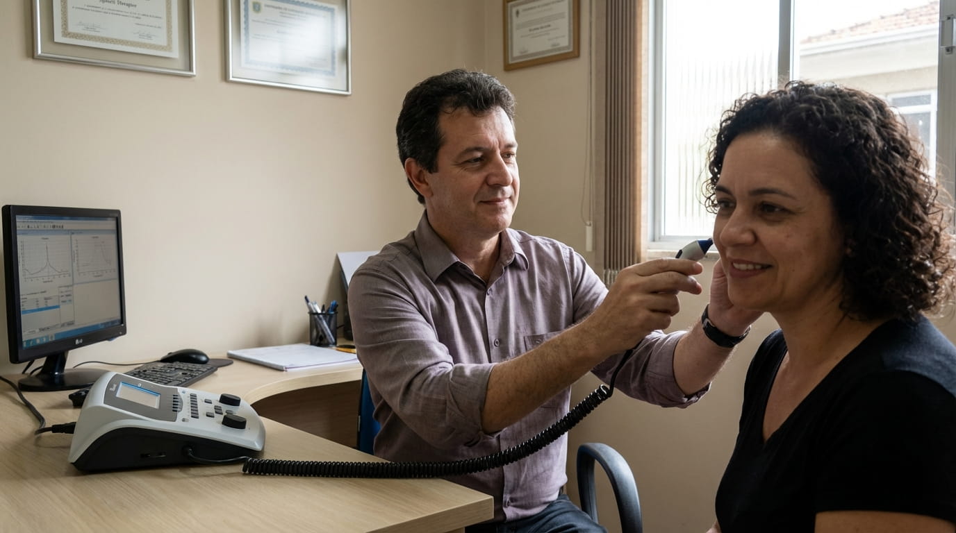 Fonoaudiólogo realizando exame de imitanciometria em paciente" e "Gráfico de curva timpanométrica tipo A