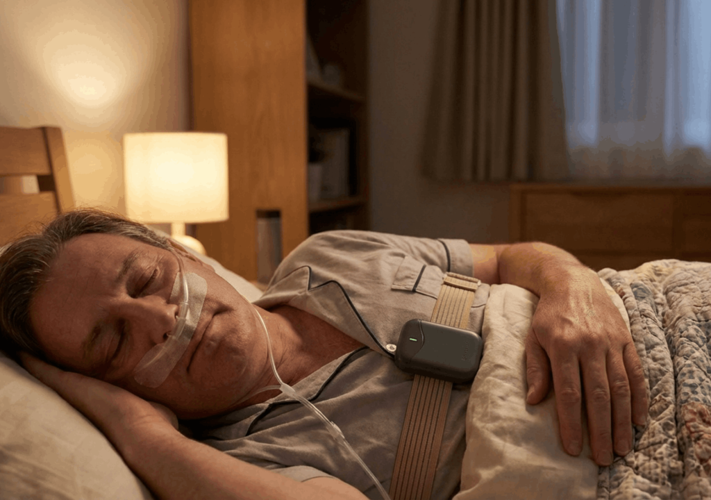 Aparelho portátil de poligrafia respiratória sendo usado por paciente em casa para diagnóstico de apneia.